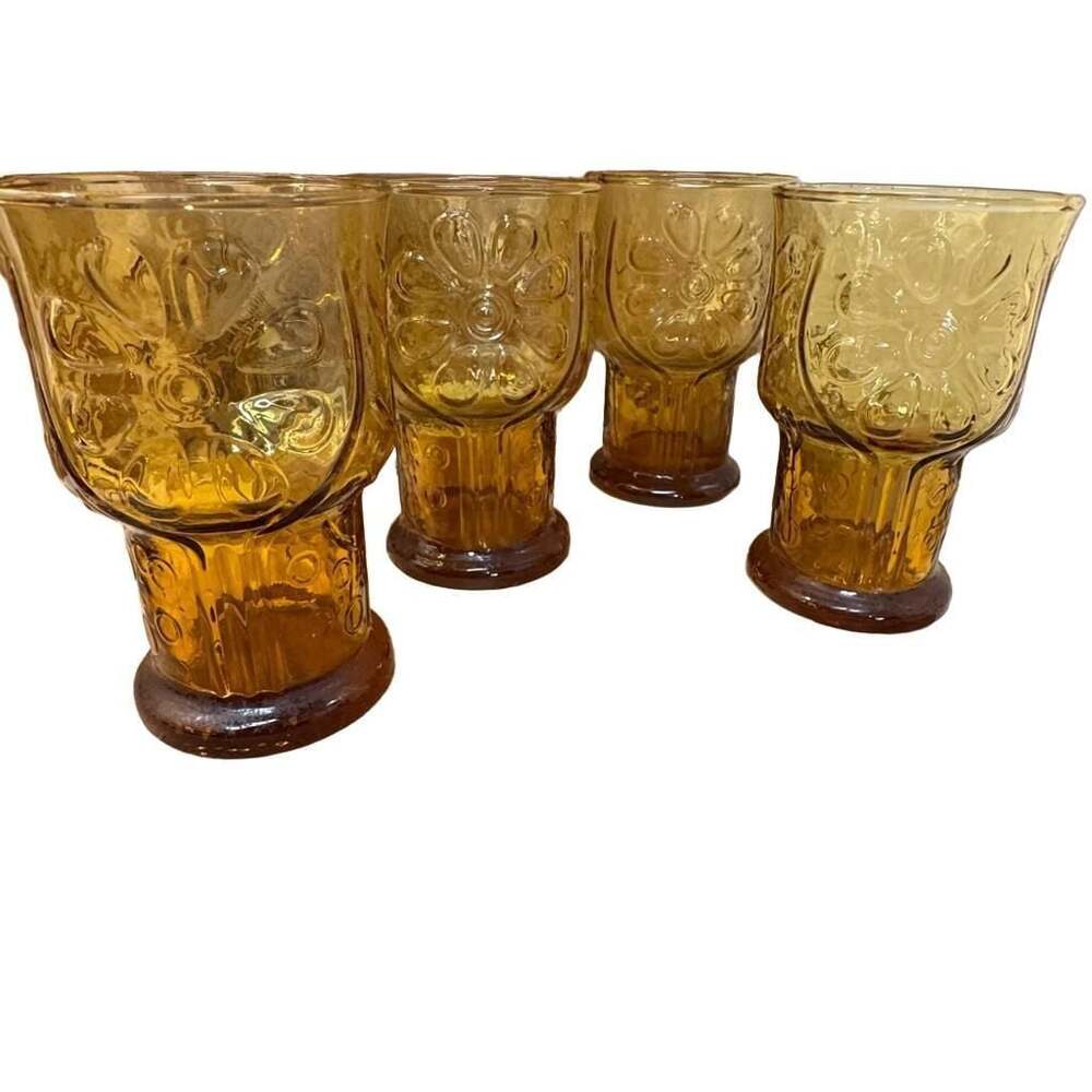Vintage Libbey Country Garden Amber Daisy Pattern Water Goblets, Set of 4